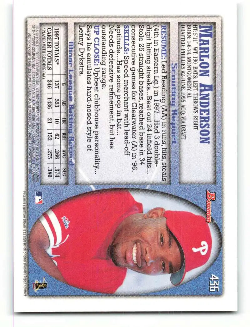 1998 Bowman #436 Marlon Anderson EX Excellent Philadelphia Phillies Baseball Card - Baseball Card Single
