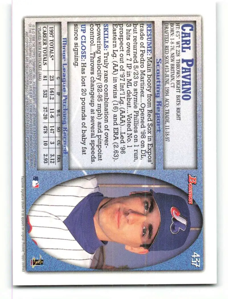 1998 Bowman #437 Carl Pavano EX Excellent Montreal Expos Baseball Card - Baseball Card Single