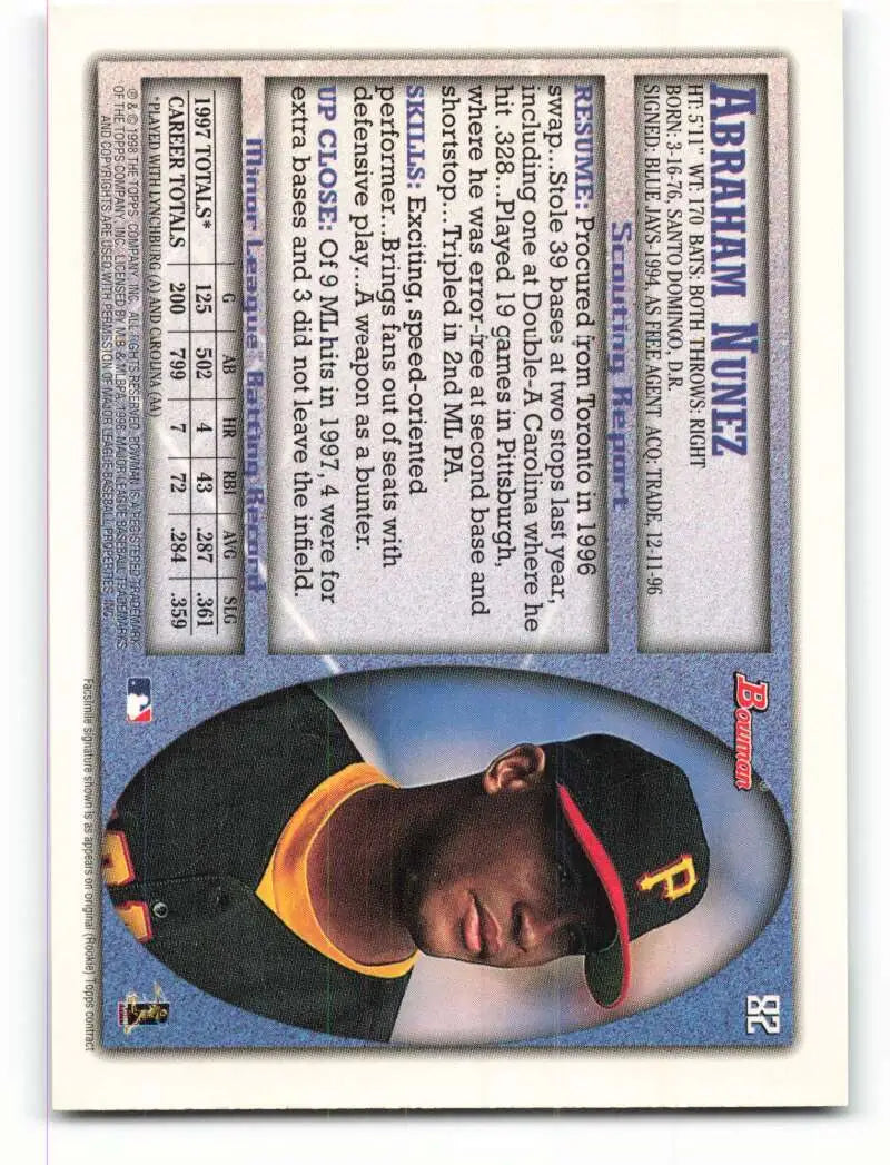 1998 Bowman #82 Abraham Nunez EX Excellent Pittsburgh Pirates Baseball Card - Baseball Card Single