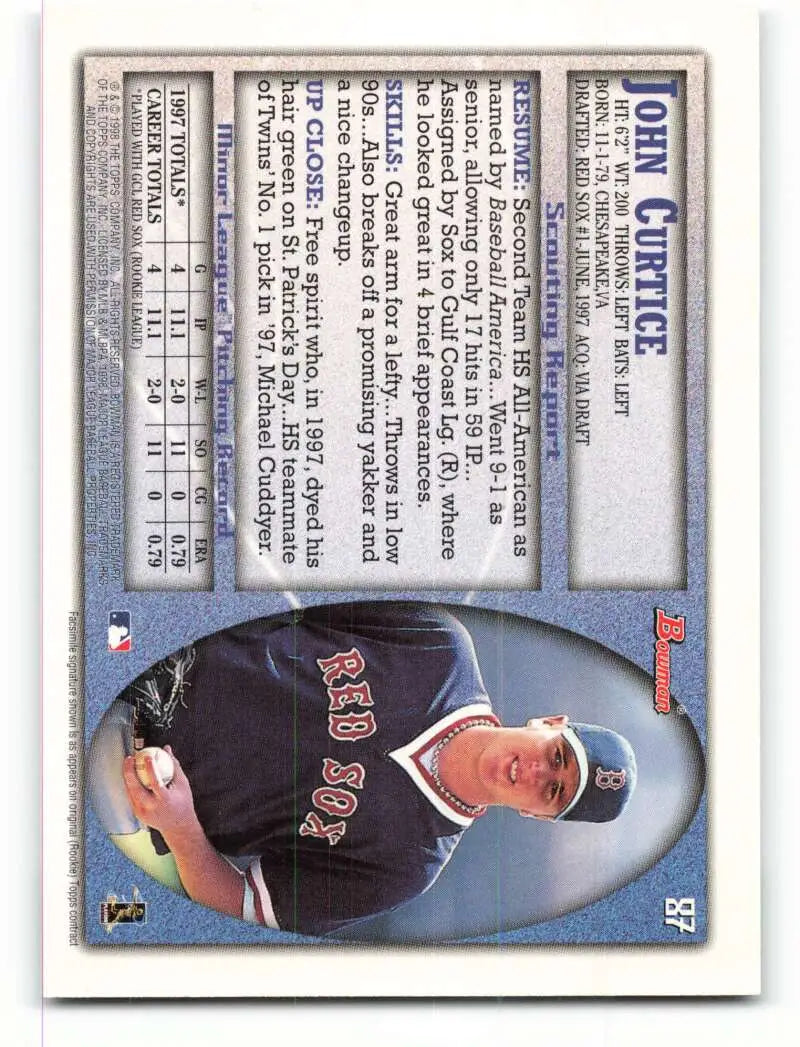 1998 Bowman #87 John Curtice EX Excellent RC Rookie Boston Red Sox Baseball Card - Baseball Card Single