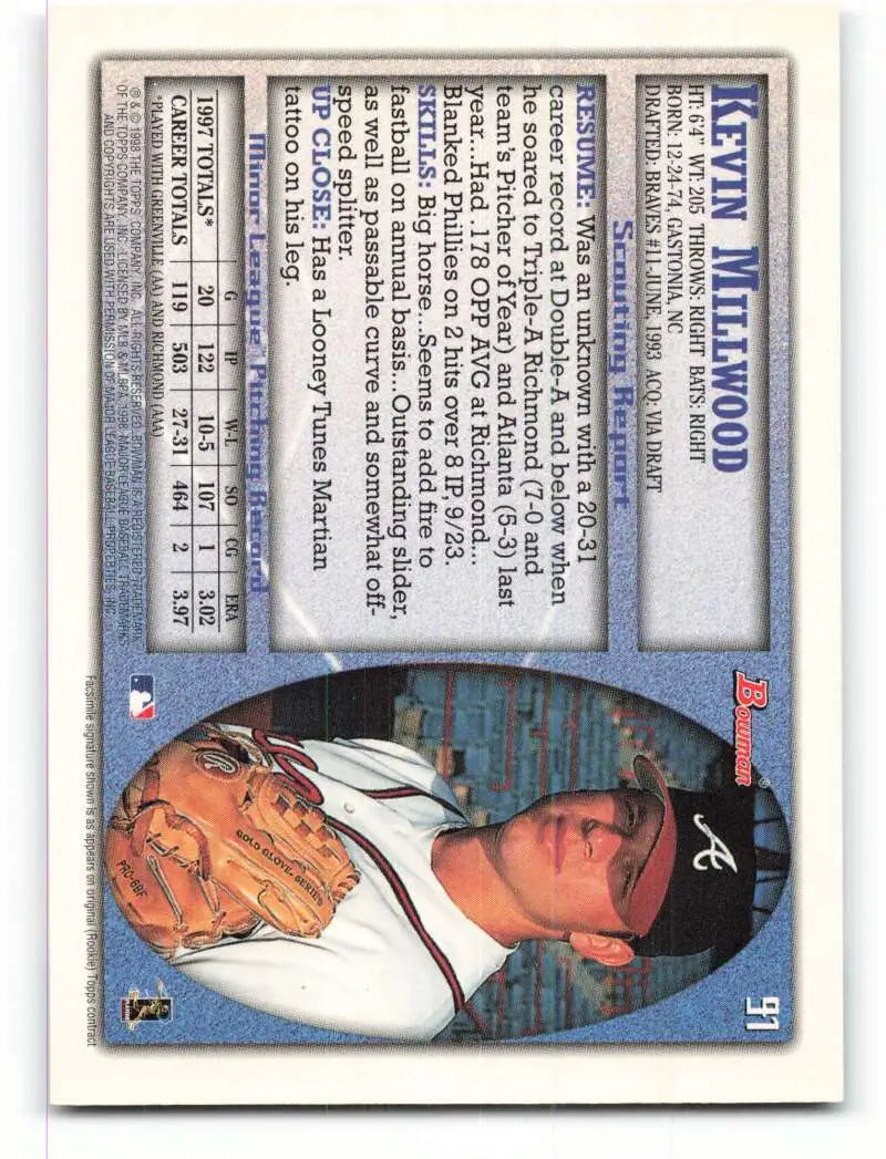 1998 Bowman #91 Kevin Millwood EX Excellent RC Rookie Atlanta Braves Baseball Card - Baseball Card Single