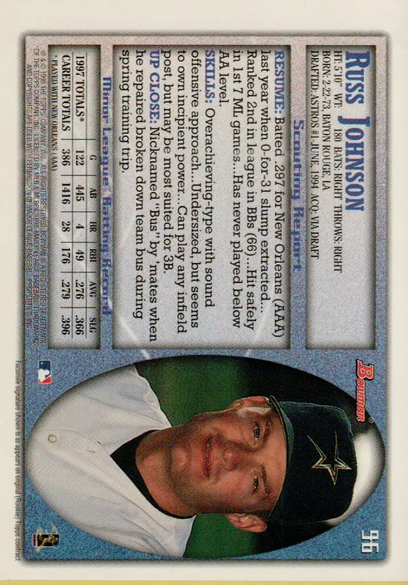 1998 Bowman #96 Russ Johnson EX Excellent Houston Astros Baseball Card - Baseball Card Single
