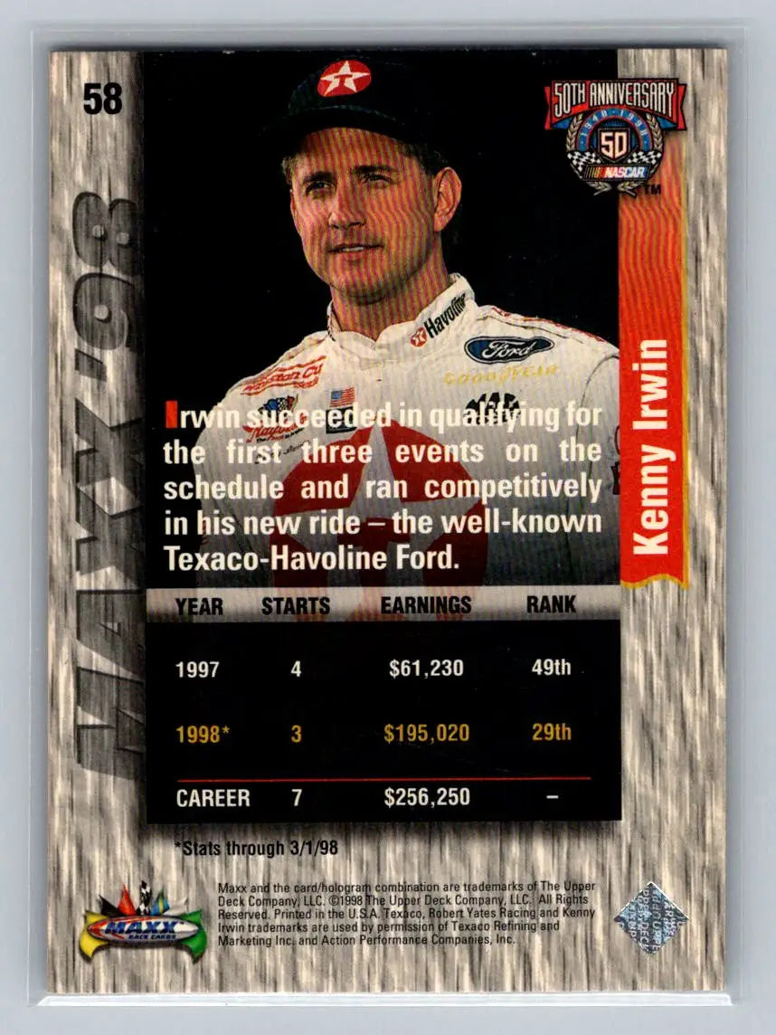 1998 Maxx #58 Kenny Irwin Robert Yates Racing - Racing Card Single