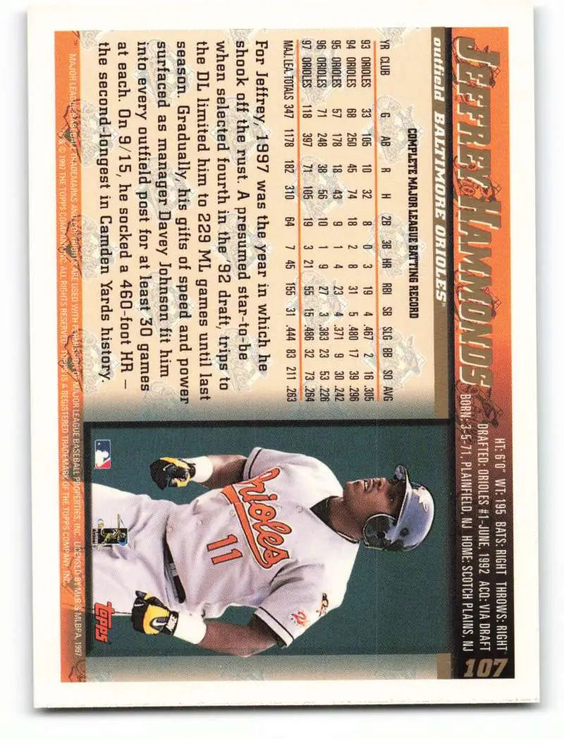 1998 Topps #107 Jeffrey Hammonds NM-MT Baltimore Orioles Baseball Card - Baseball Card Single