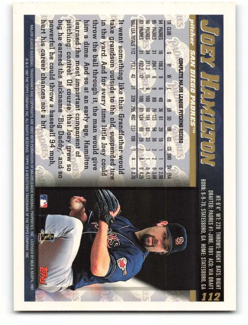 1998 Topps #112 Joey Hamilton NM-MT San Diego Padres Baseball Card - Baseball Card Single