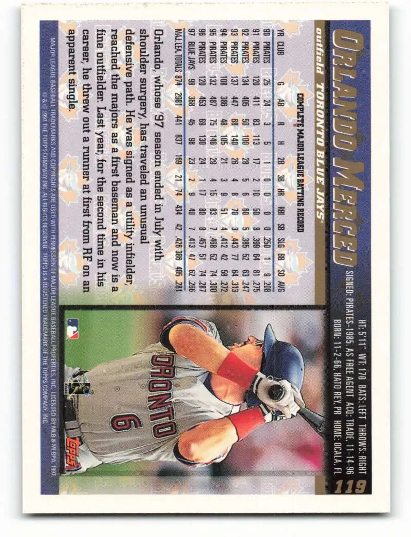 1998 Topps #119 Orlando Merced NM-MT Toronto Blue Jays Baseball Card - Baseball Card Single