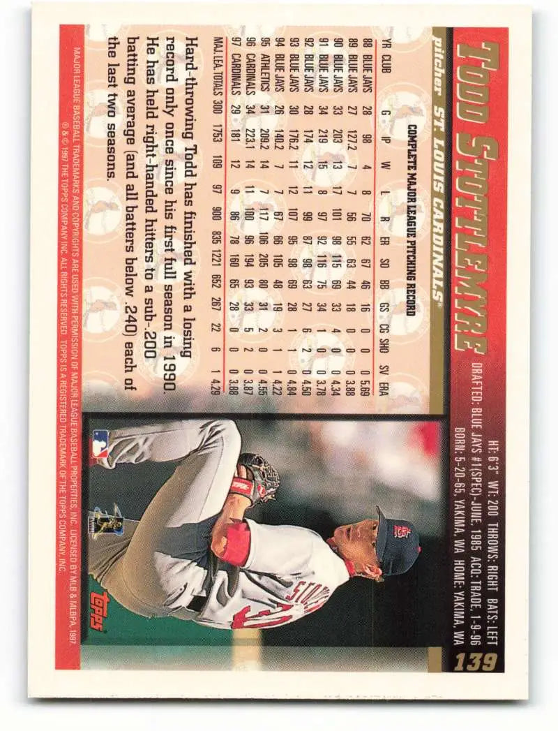 1998 Topps #139 Todd Stottlemyre NM-MT St. Louis Cardinals Baseball Card - Baseball Card Single