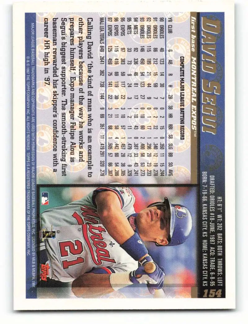 1998 Topps #154 David Segui NM-MT Montreal Expos Baseball Card - Baseball Card Single