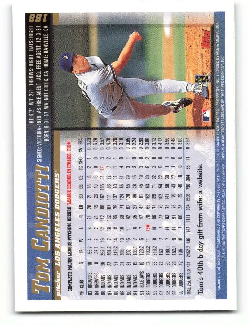 1998 Topps #188 Tom Candiotti NM-MT Los Angeles Dodgers Baseball Card - Baseball Card Single