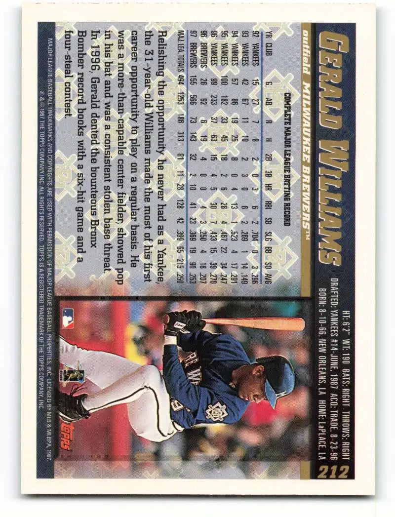 1998 Topps #212 Gerald Williams NM-MT Milwaukee Brewers Baseball Card - Baseball Card Single