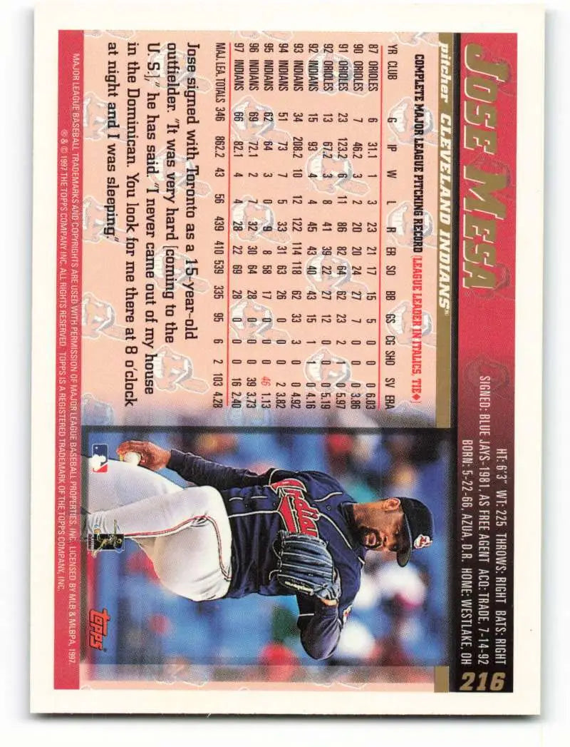 1998 Topps #216 Jose Mesa NM-MT Cleveland Indians Baseball Card - Baseball Card Single