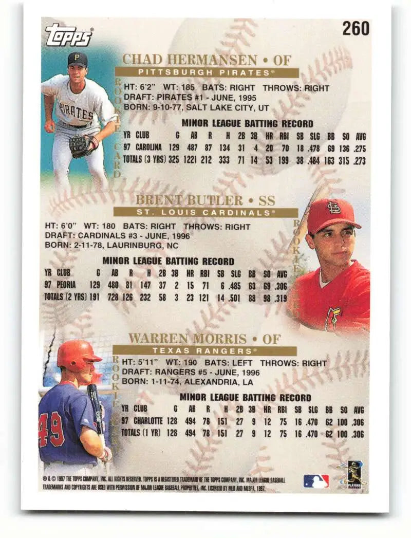 1998 Topps #260 Chad Hermansen/Brent Butler/Warren Morris NM-MT RC Rookie Pittsburgh Pirates/St. Louis Cardinals/Texas