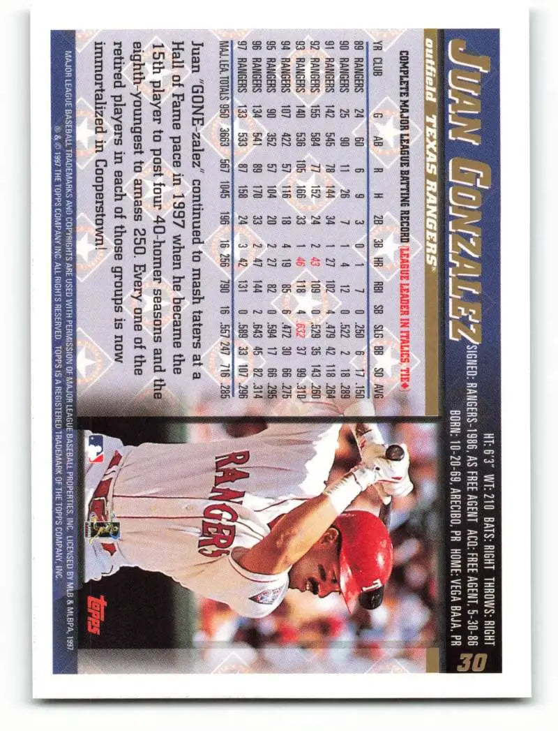 1998 Topps #30 Juan Gonzalez NM-MT Texas Rangers Baseball Card - Baseball Card Single