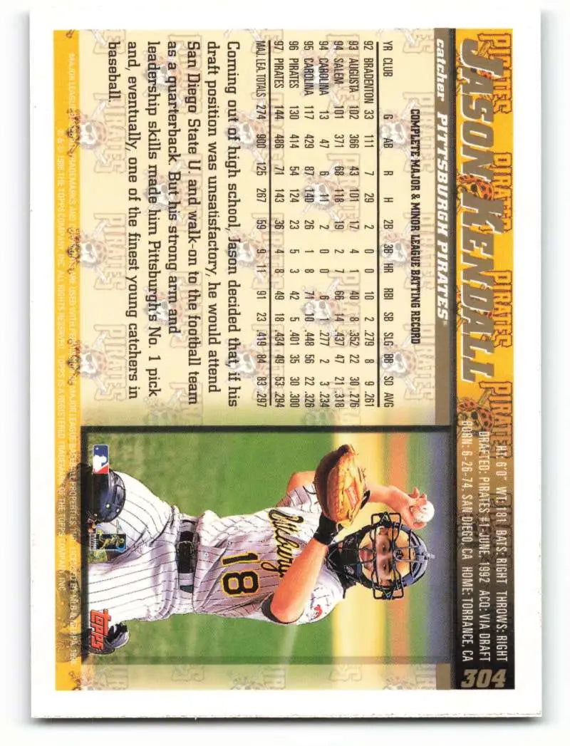1998 Topps #304 Jason Kendall NM-MT Pittsburgh Pirates Baseball Card - Baseball Card Single