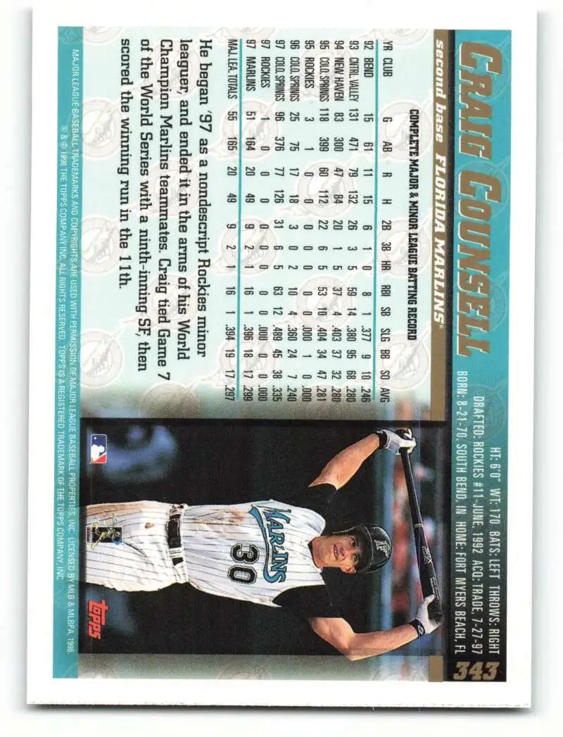 1998 Topps #343 Craig Counsell NM-MT Florida Marlins Baseball Card - Baseball Card Single
