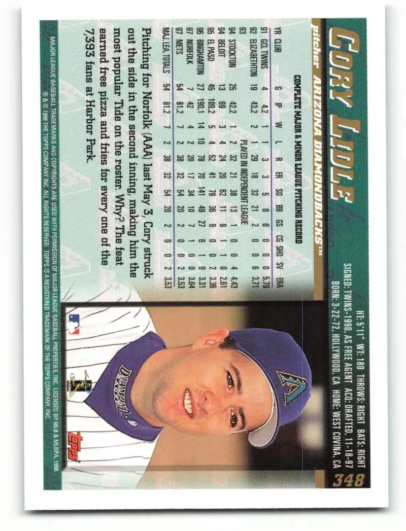 1998 Topps #348 Cory Lidle NM-MT RC Rookie Arizona Diamondbacks Baseball Card - Baseball Card Single