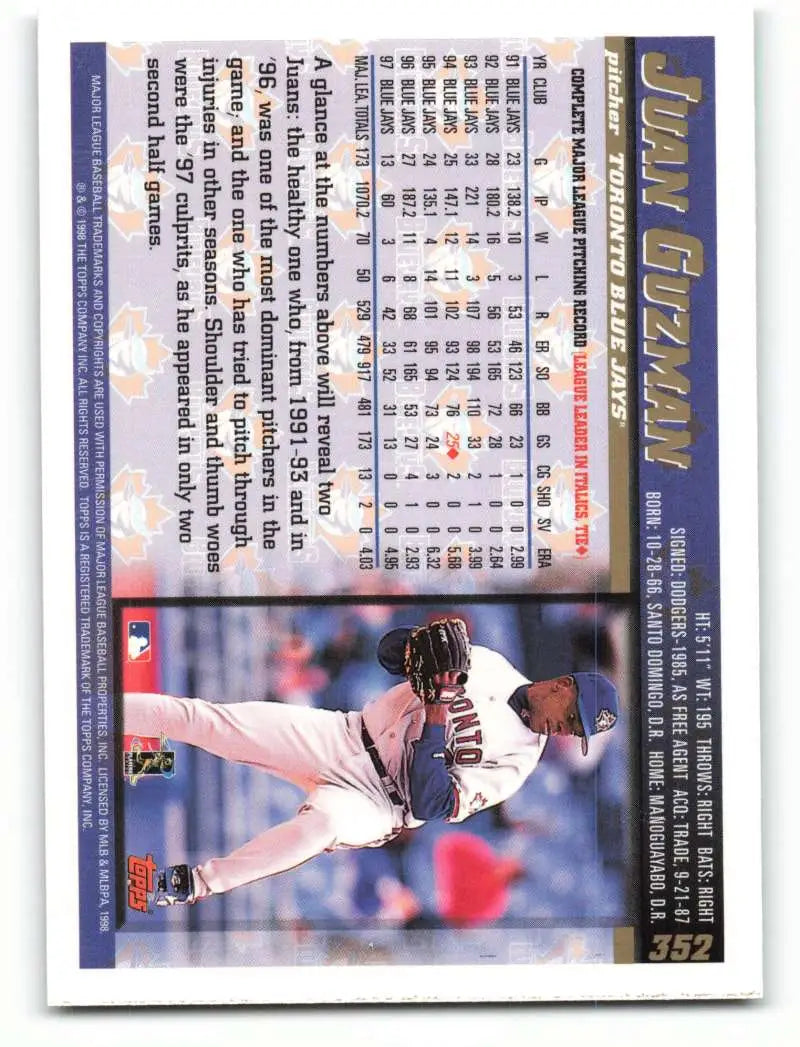 1998 Topps #352 Juan Guzman NM-MT Toronto Blue Jays Baseball Card - Baseball Card Single