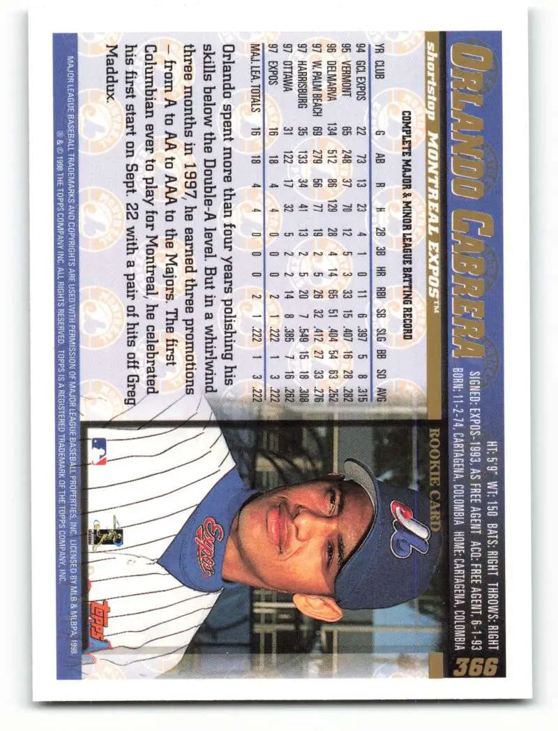 1998 Topps #366 Orlando Cabrera NM-MT Montreal Expos Baseball Card - Baseball Card Single