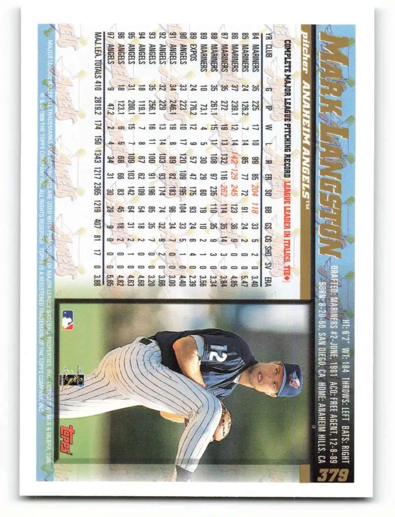 1998 Topps #379 Mark Langston NM-MT Anaheim Angels Baseball Card - Baseball Card Single