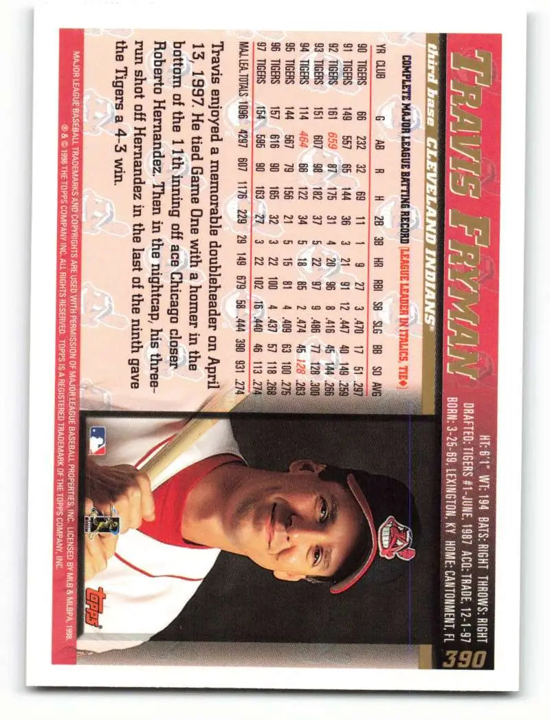 1998 Topps #390 Travis Fryman NM-MT Cleveland Indians Baseball Card - Baseball Card Single
