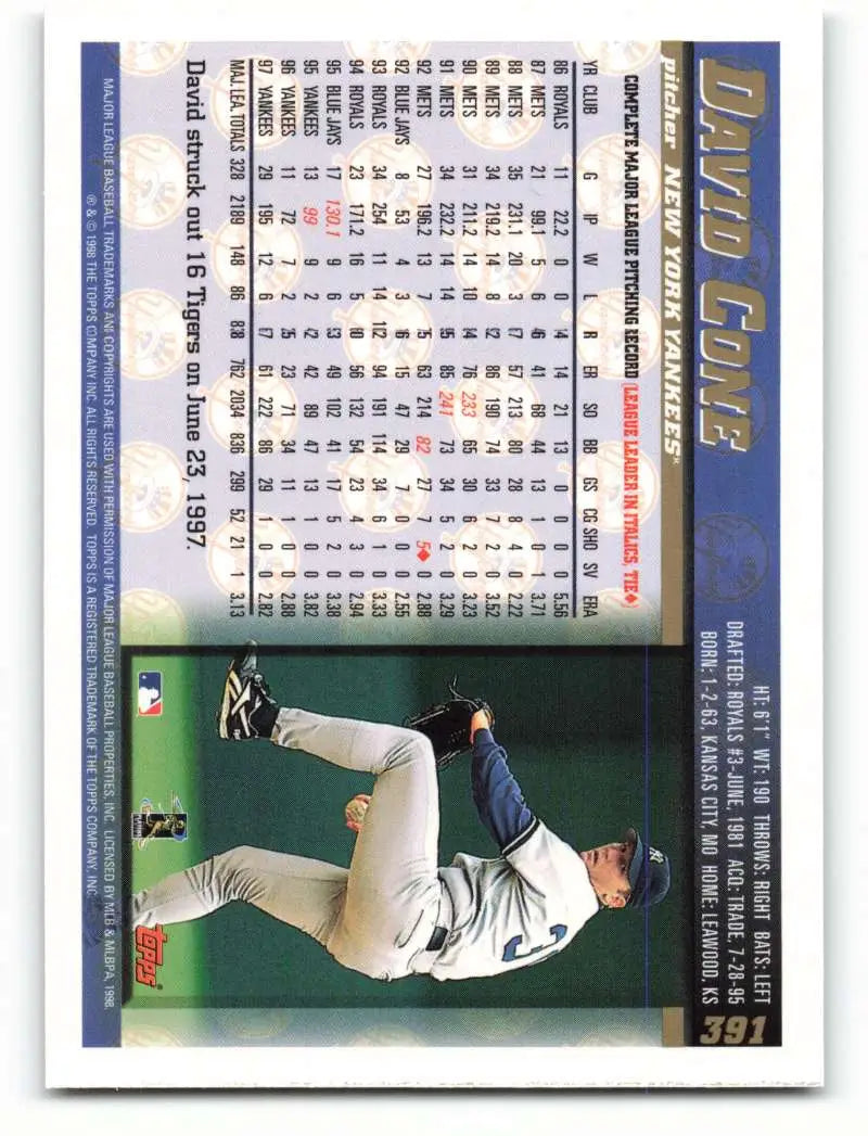 1998 Topps #391 David Cone NM-MT New York Yankees Baseball Card - Baseball Card Single