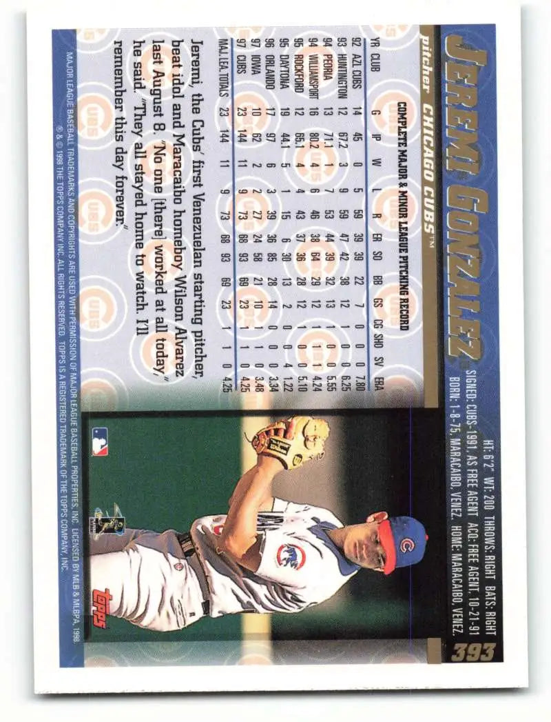 1998 Topps #393 Jeremi Gonzalez NM-MT Chicago Cubs Baseball Card - Baseball Card Single