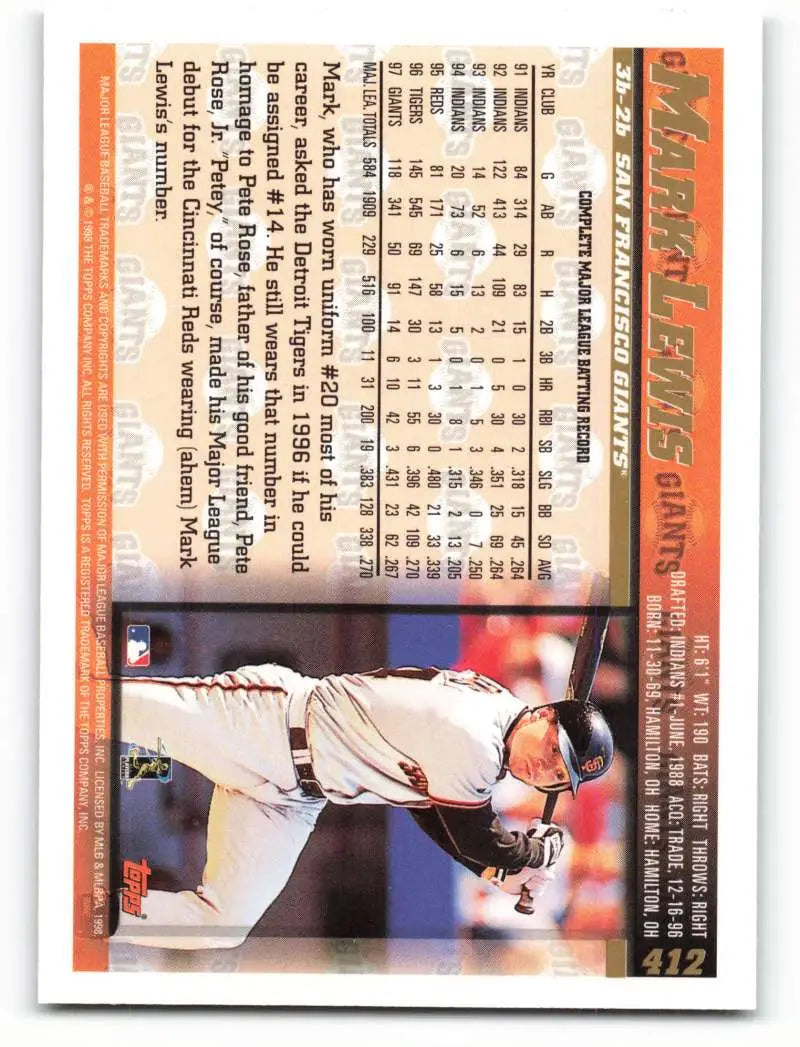 1998 Topps #412 Mark Lewis NM-MT San Francisco Giants Baseball Card - Baseball Card Single