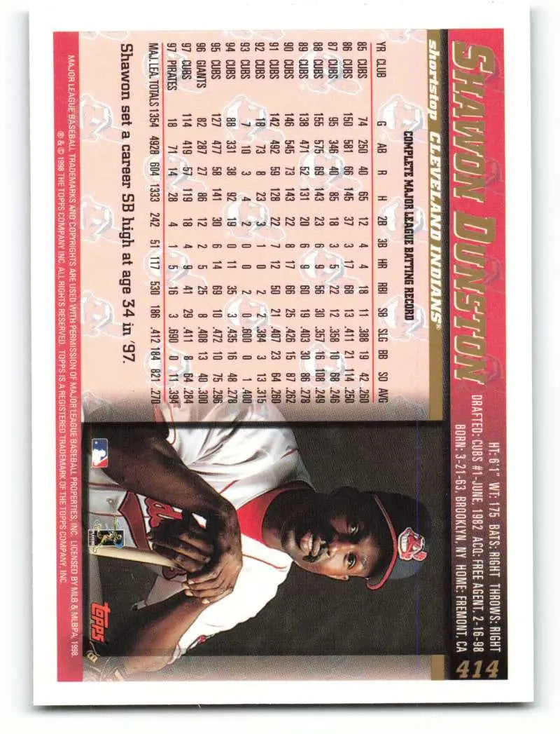 1998 Topps #414 Shawon Dunston NM-MT Cleveland Indians Baseball Card - Baseball Card Single