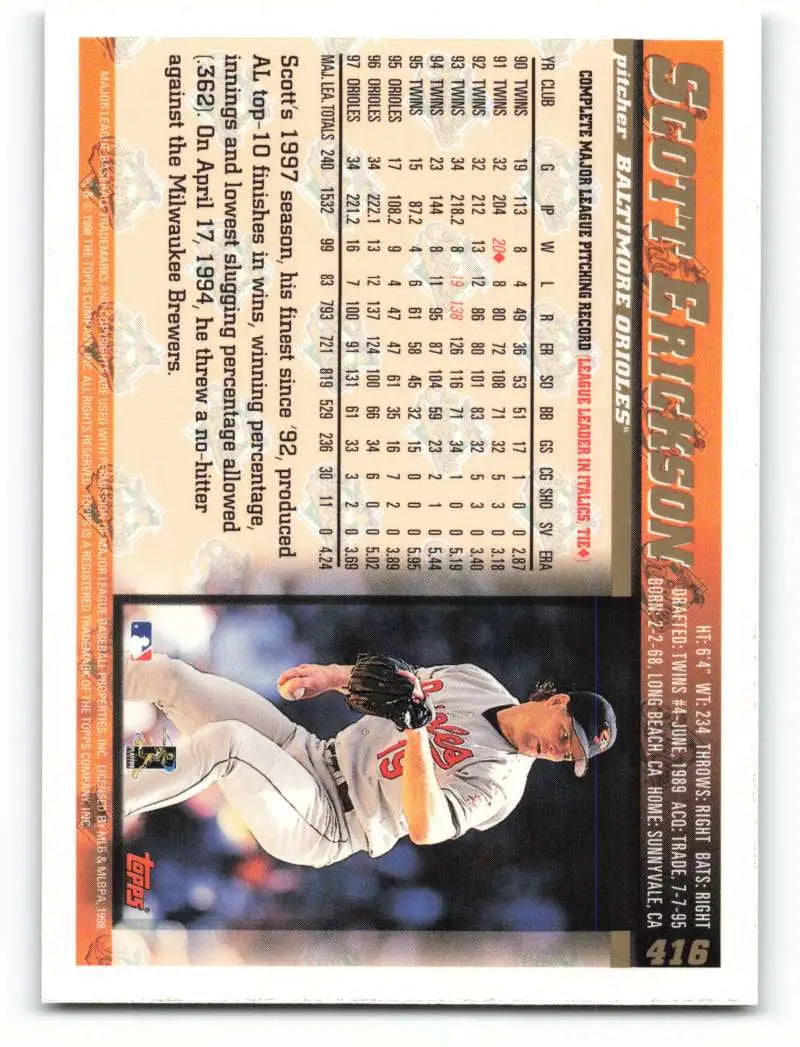 1998 Topps #416 Scott Erickson NM-MT Baltimore Orioles Baseball Card - Baseball Card Single