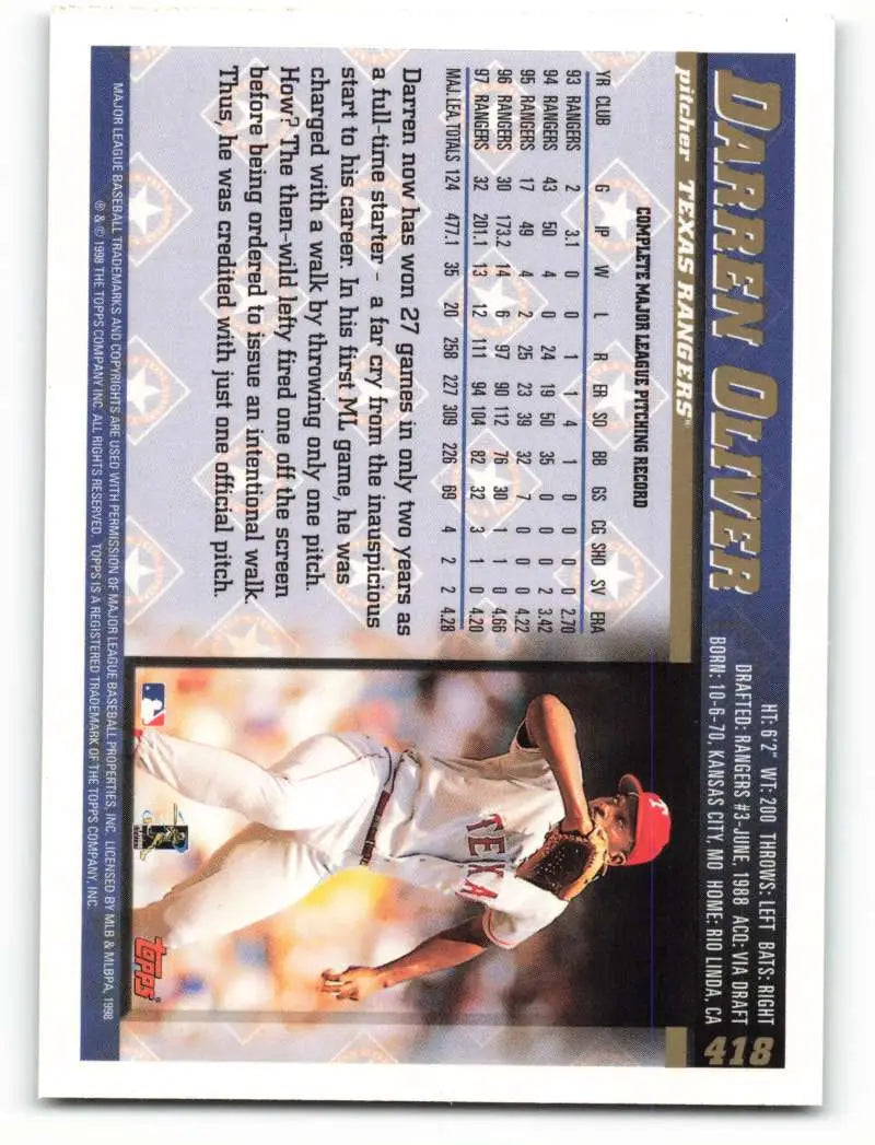 1998 Topps #418 Darren Oliver NM-MT Texas Rangers Baseball Card - Baseball Card Single