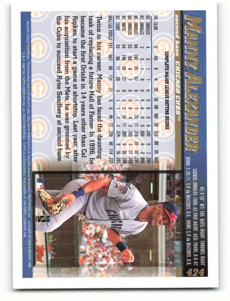 1998 Topps #424 Manny Alexander NM-MT Chicago Cubs Baseball Card - Baseball Card Single