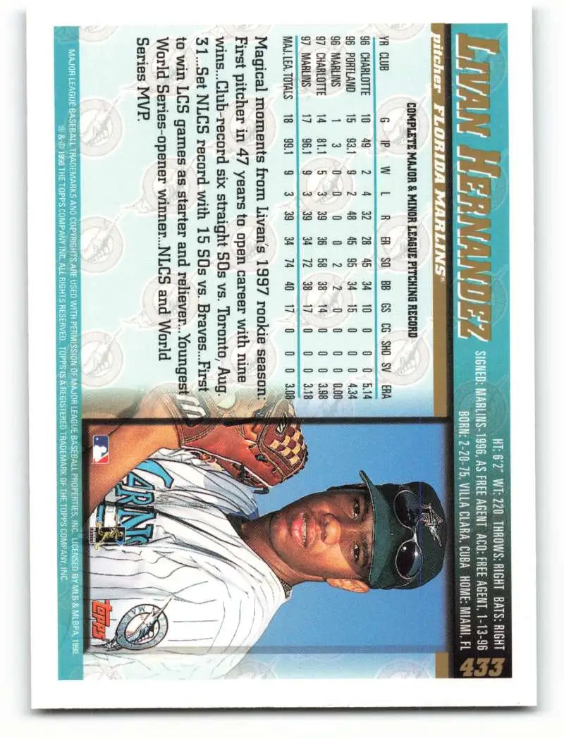 1998 Topps #433 Livan Hernandez NM-MT Florida Marlins Baseball Card - Baseball Card Single