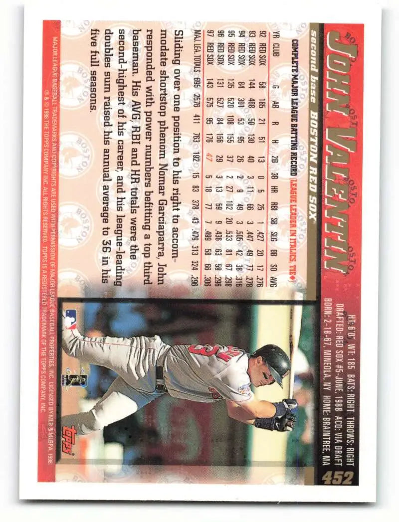 1998 Topps #452 John Valentin NM-MT Boston Red Sox Baseball Card - Baseball Card Single