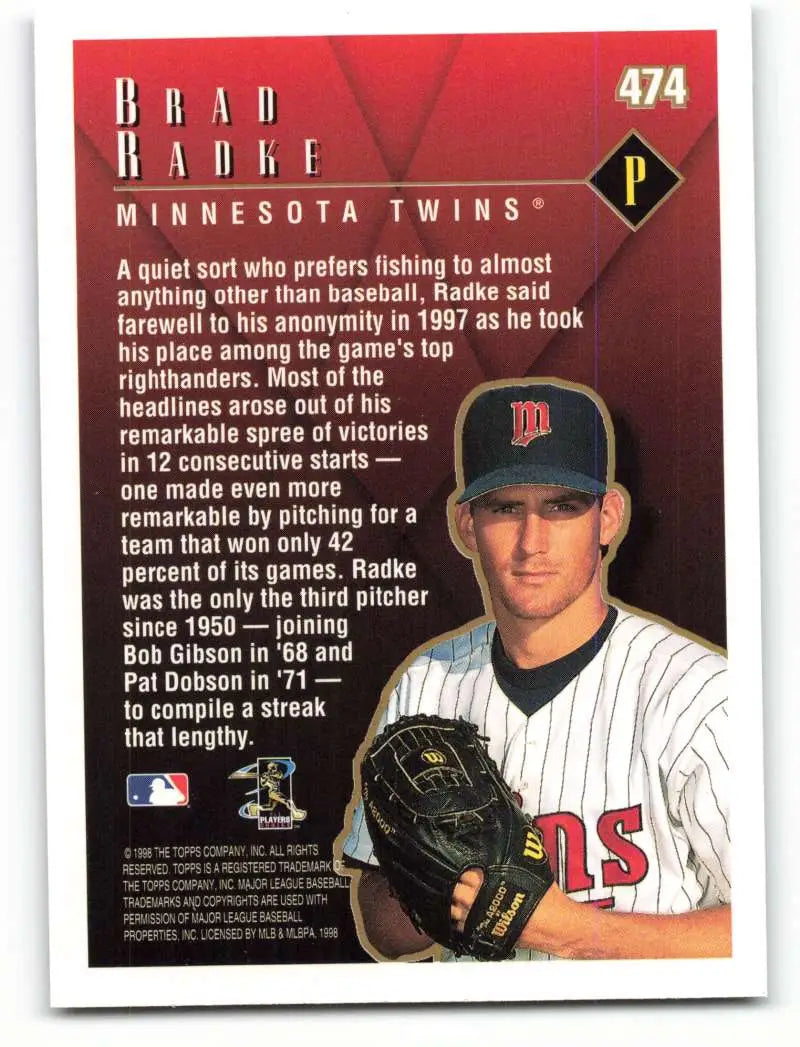 1998 Topps #474 Brad Radke NM-MT Minnesota Twins Baseball Card - Baseball Card Single