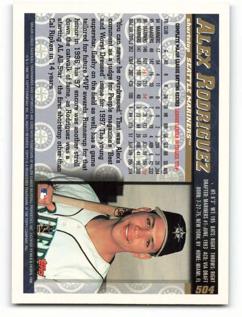 1998 Topps #504 Alex Rodriguez NM-MT Seattle Mariners Baseball Card - Baseball Card Single