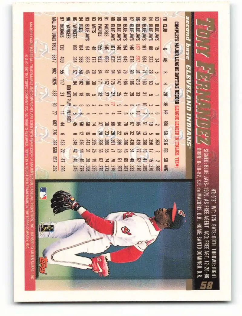 1998 Topps #58 Tony Fernandez NM-MT Cleveland Indians Baseball Card - Baseball Card Single