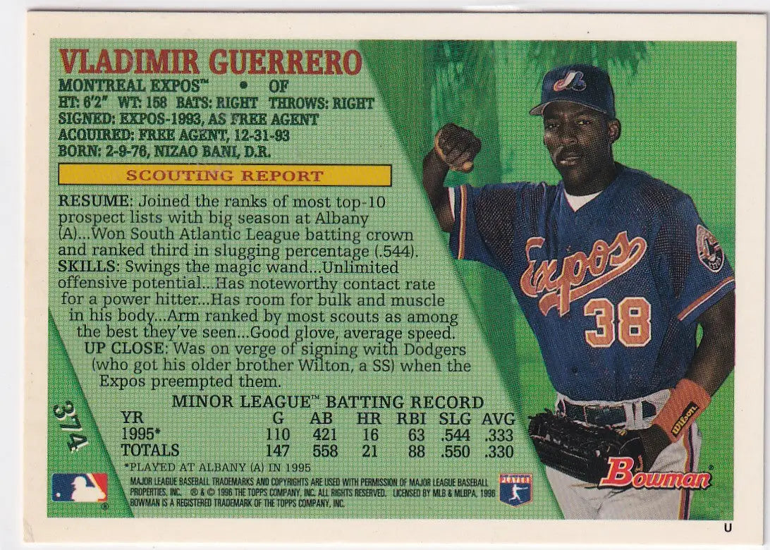 1998 TOPPS BOWMAN #374 VLADIMIR GUEERRERO- MONTREAL EXPOS - Baseball Card Single
