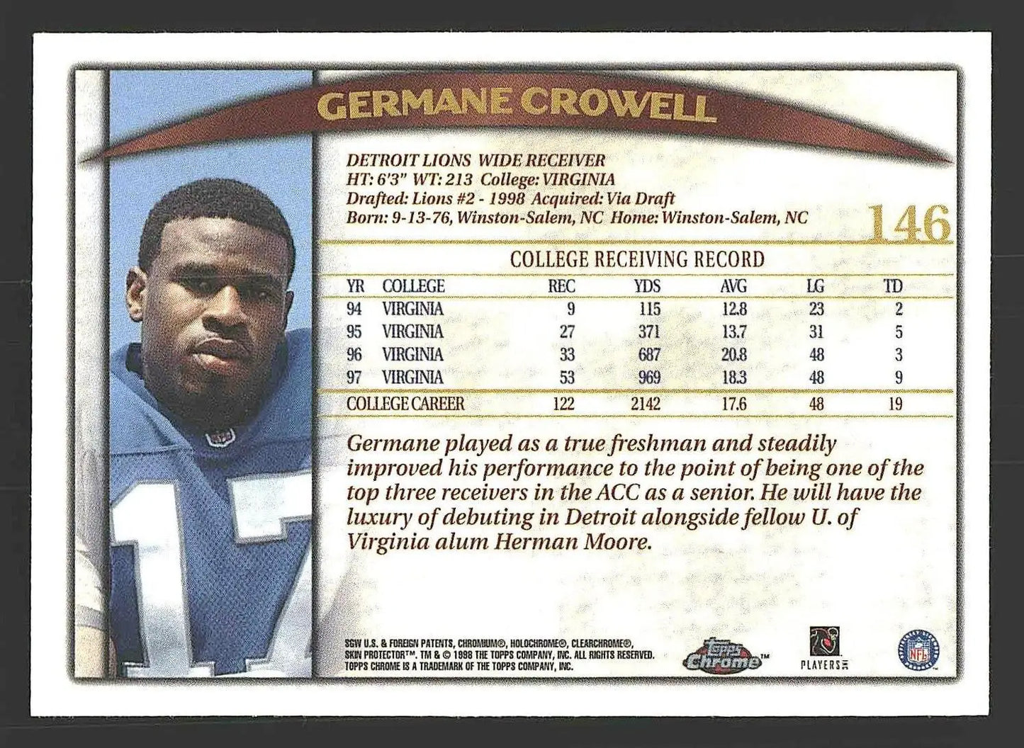 1998 Topps Chrome #146 Germane Crowell - Football Card Single