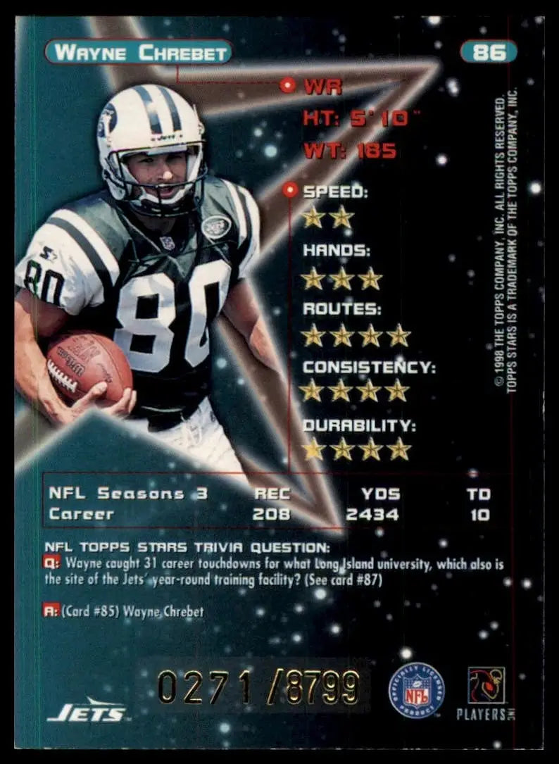 Football card featuring Wayne Chrebet in an 80s jersey with black background and silver accents