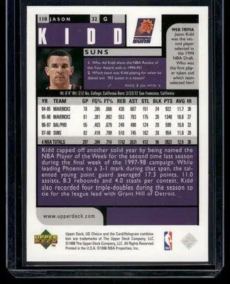 1998 Upper Deck Choice Jason Kidd #110 Basketball - Basketball Card Single