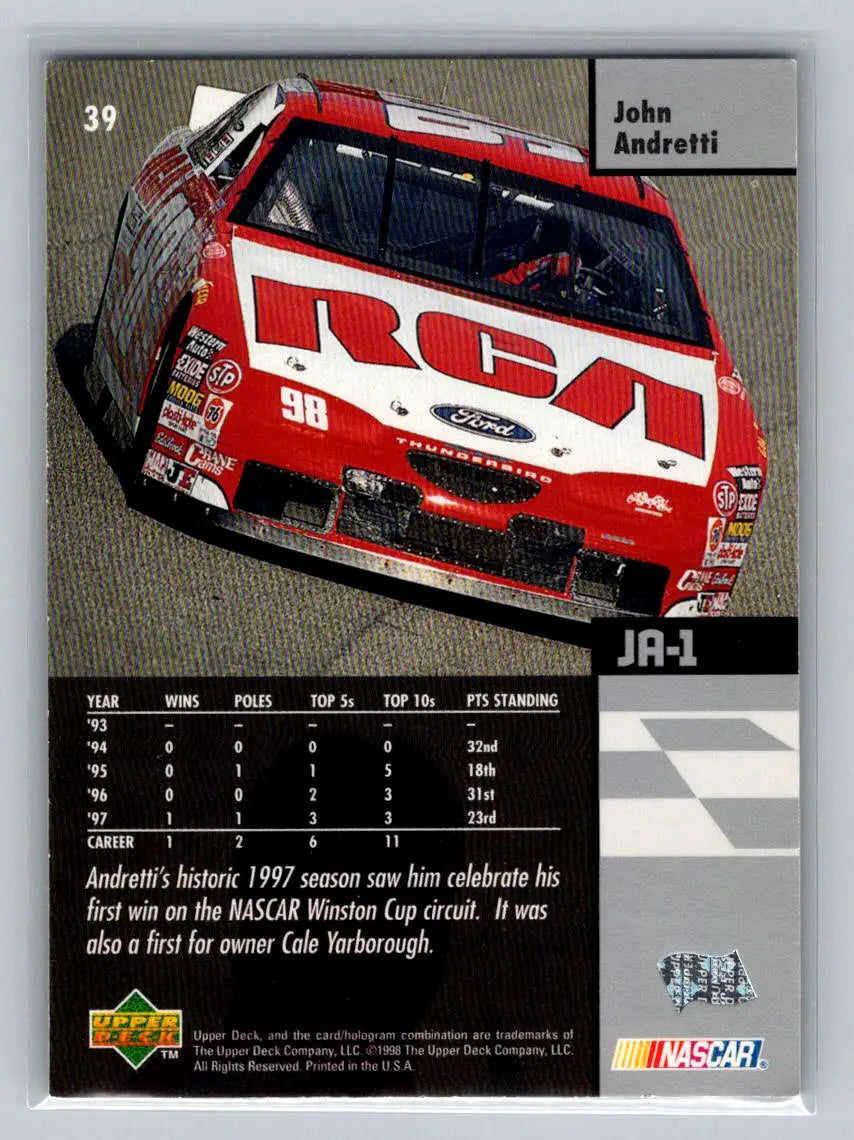 1998 Upper Deck Victory Circle #39 John Andretti Cale Yarborough Motorsports - Racing Card Single