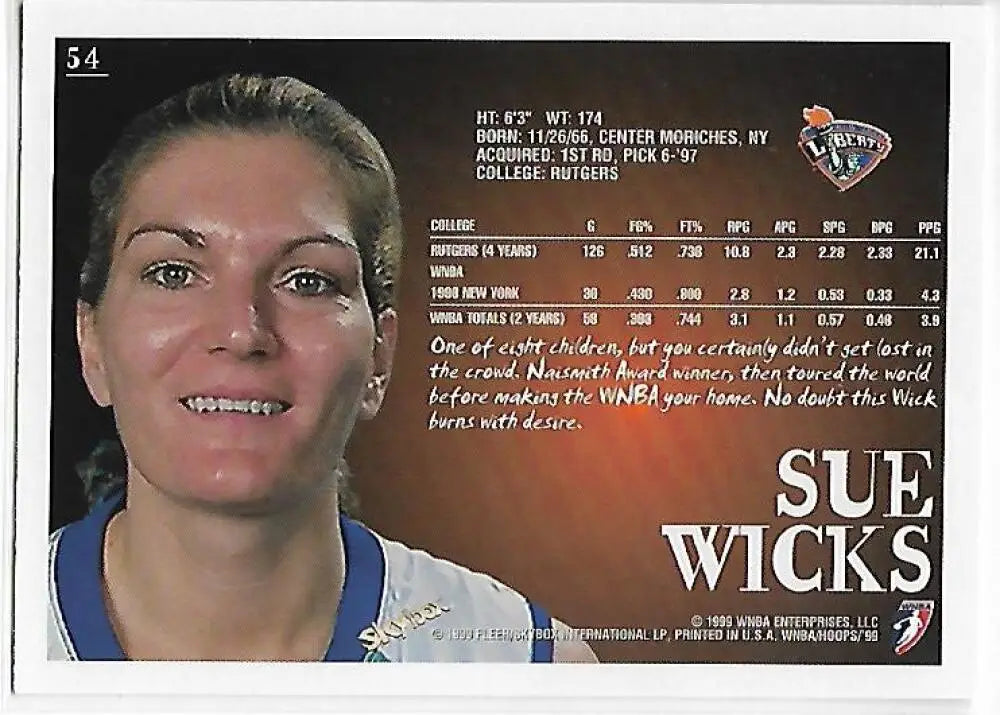 1999-00 Hoops WNBA #54 Sue Wicks NM-MT New York Liberty Basketball Card - Basketball Card Single