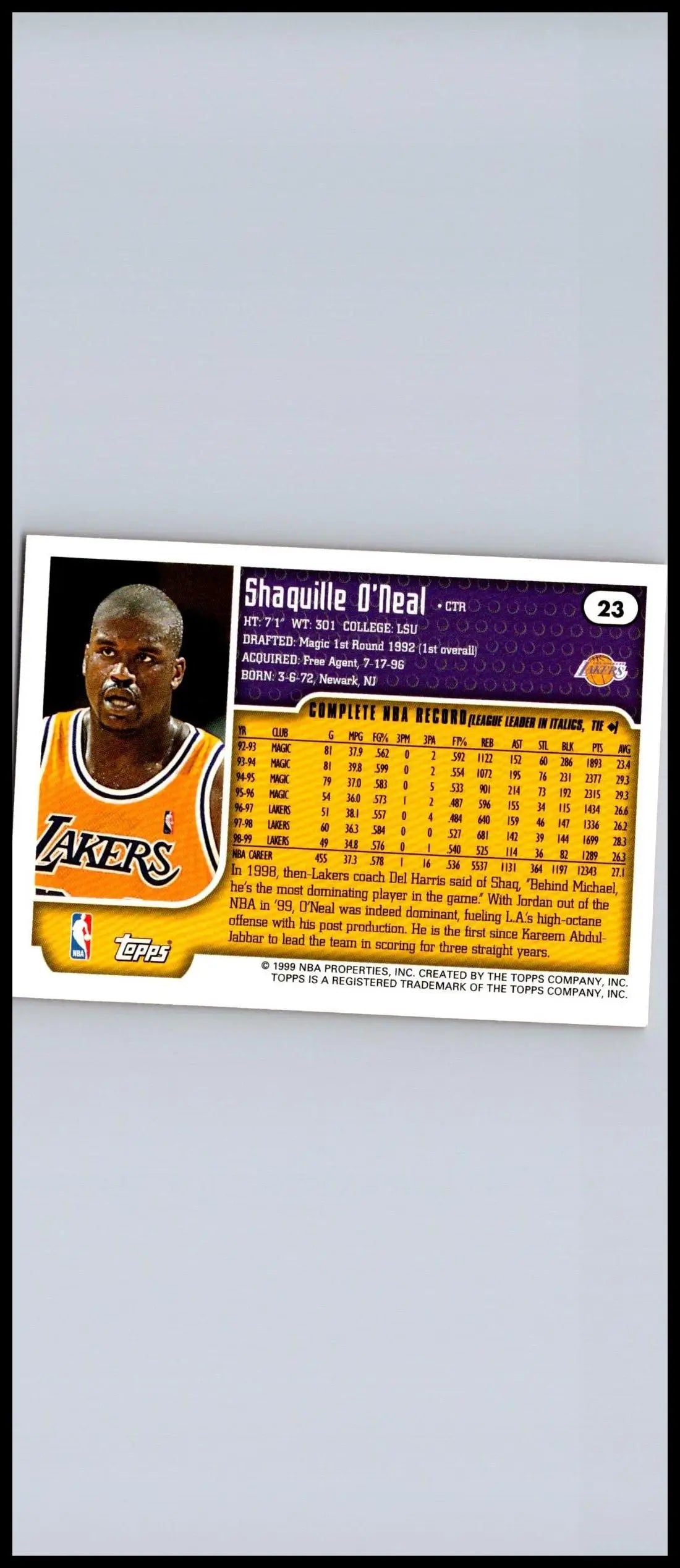 Shaquille O’Neal basketball card from 1999-00 Topps #23 trading cards collection