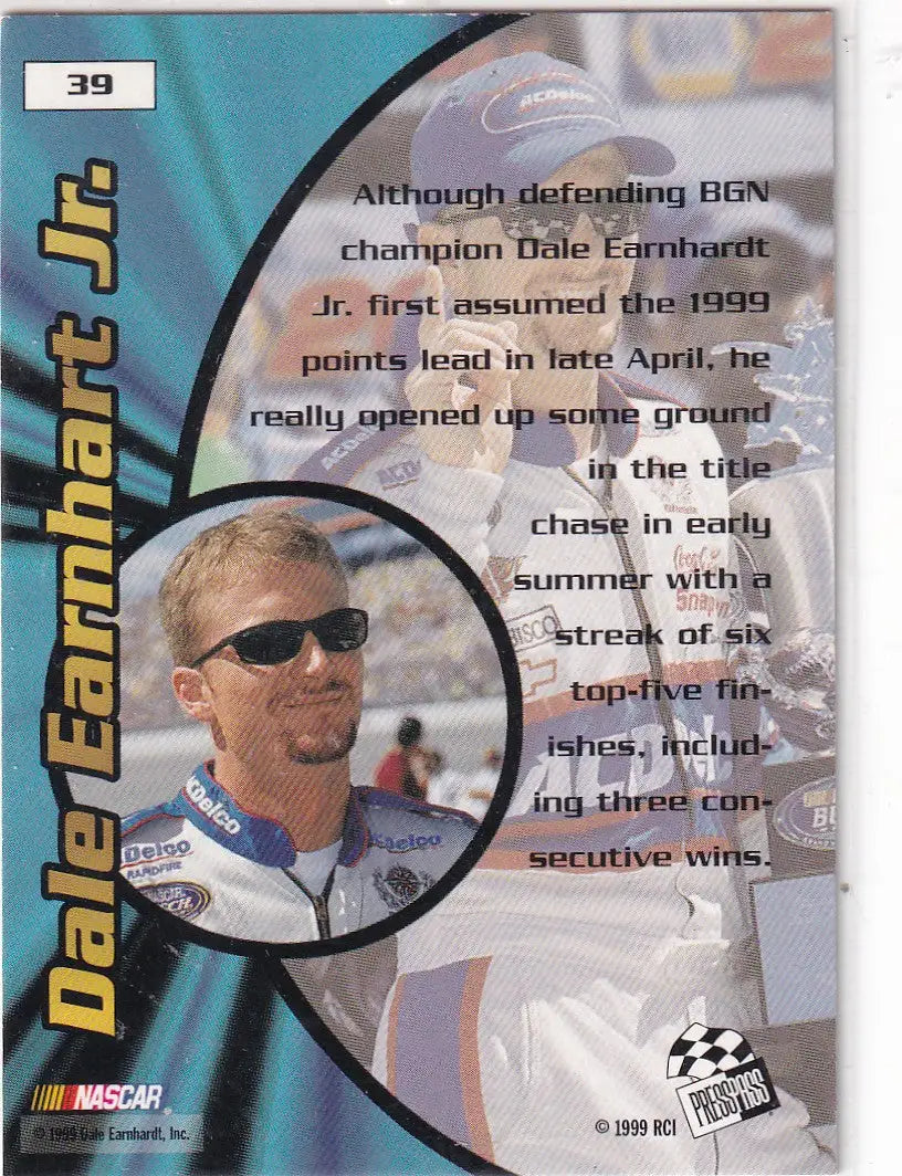 1999 PRESS PASS #39 DALE EARNHARDT JR BUSCH SERIES- NASCAR - Racing Card Single