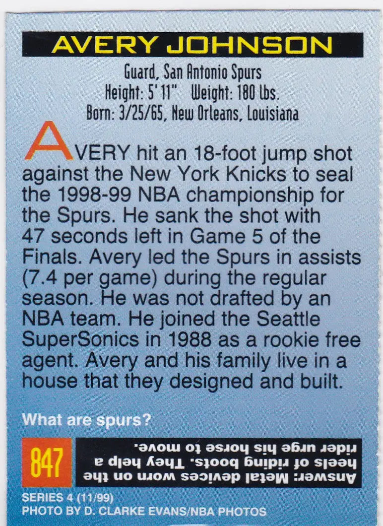 Avery Johnson San Antonio Spurs basketball card from 1999 Sports Illustrated for Kids