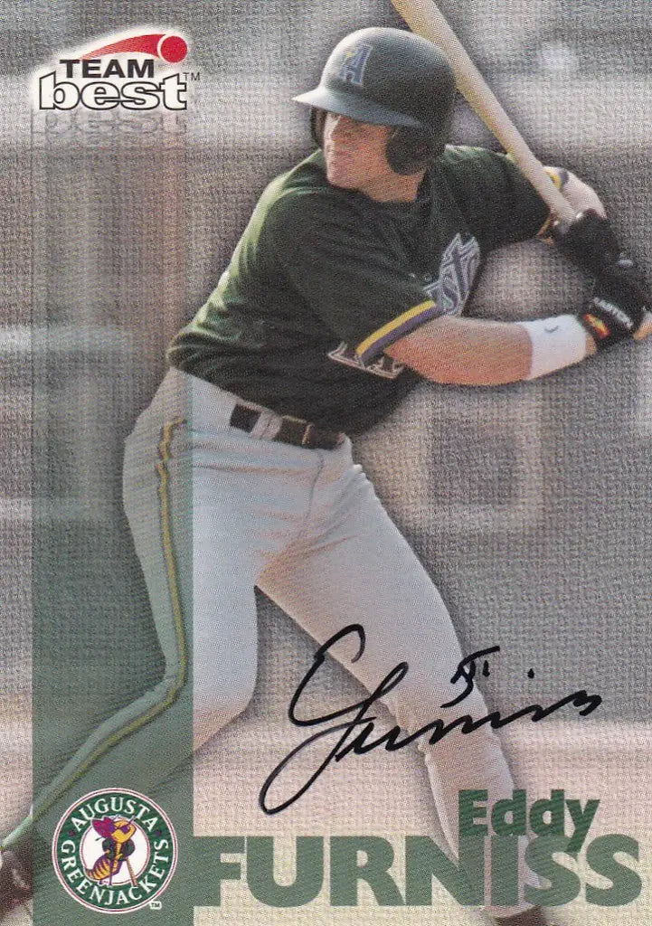 Baseball card of Eddy Furniss in green jersey, part of Team Best Autographs collection