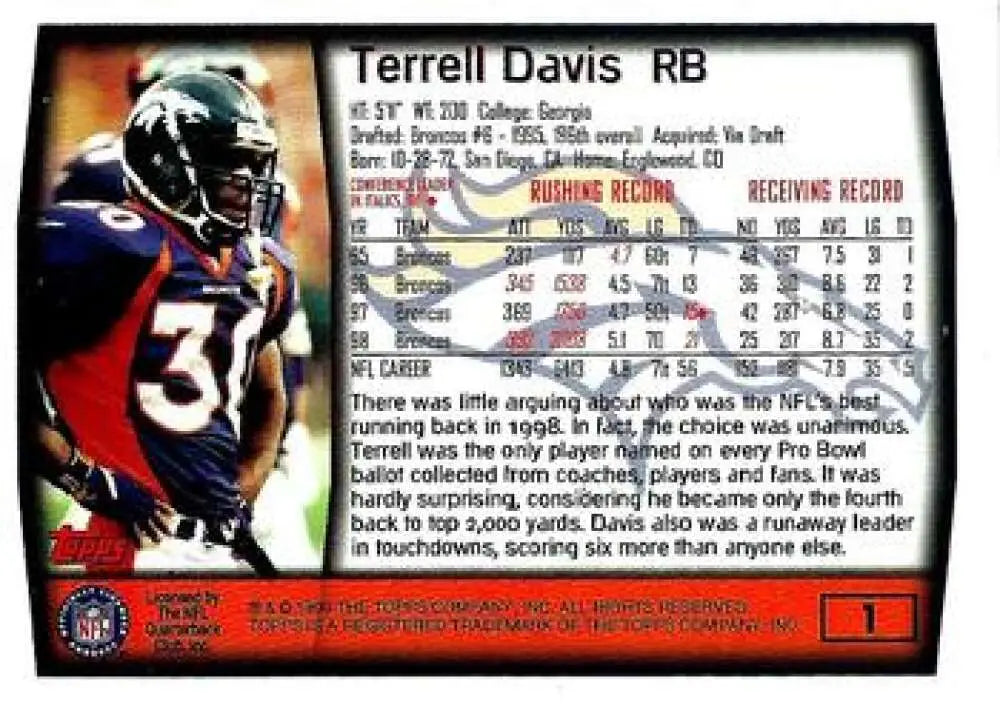 1999 Topps #1 Terrell Davis EX Excellent Denver Broncos Football Card - Football Card Single