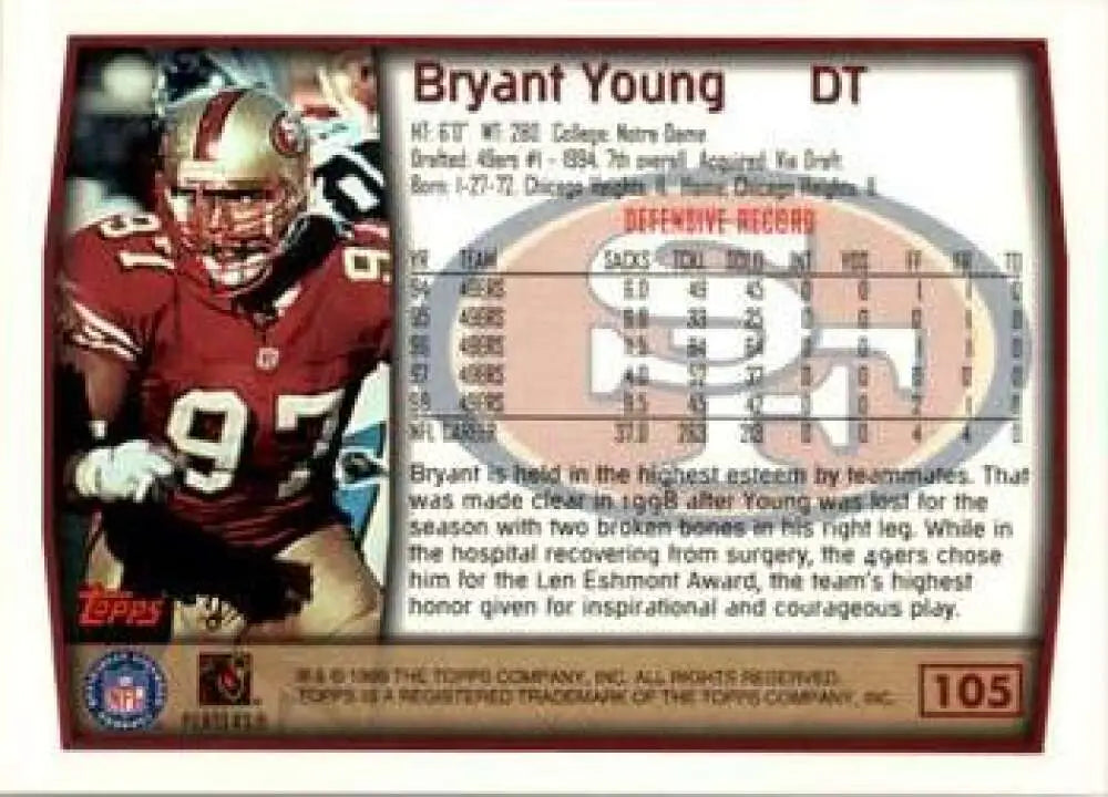 1999 Topps #105 Bryant Young EX Excellent San Francisco 49ers Football Card - Football Card Single