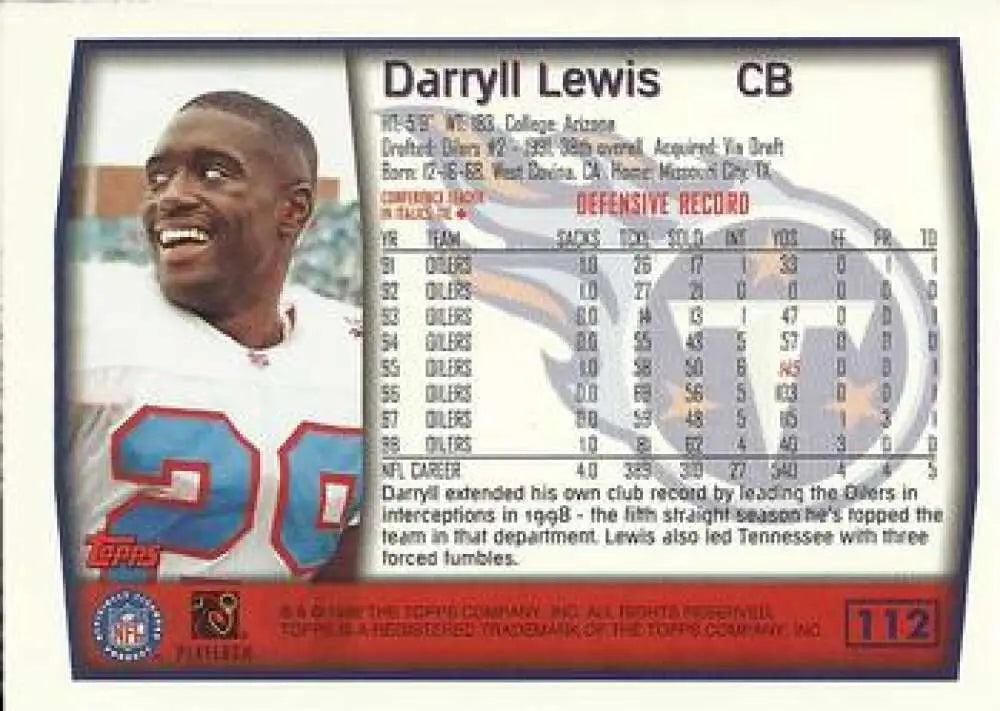 1999 Topps #112 Darryll Lewis EX Excellent Tennessee Titans Football Card - Football Card Single
