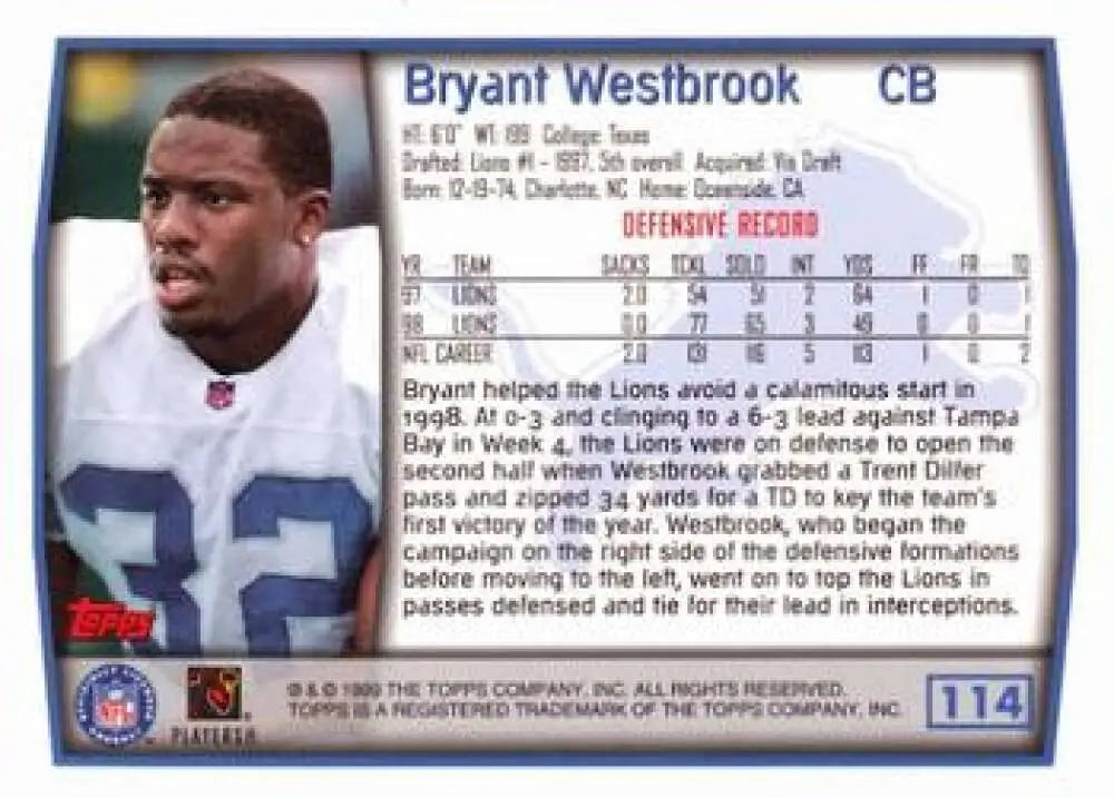 1999 Topps #114 Bryant Westbrook EX Excellent Detroit Lions Football Card - Football Card Single